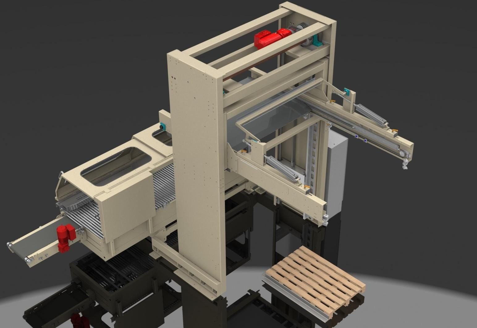 Impianto automatico di palletizzazione con trasportatori e area di accumulo