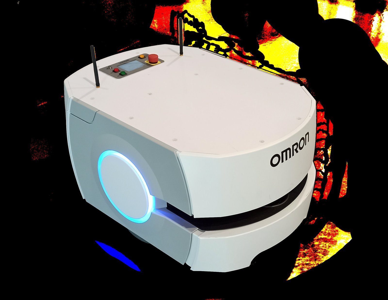 Robot mobile autonomo su pavimento industriale con base rotonda e sensori frontali