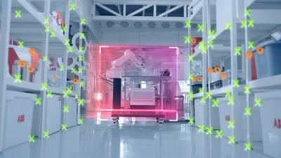 Cella robotica ABB con overlay digitale che evidenzia percezione e tracking nell'ambiente industriale