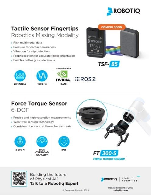 Scheda tecnica Robotiq con sensori tattili, taxels e frequency sensing per physical AI
