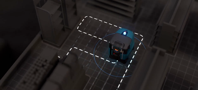 Visualizzazione software di SelfPath AI con zona di lavoro e robot di pulizia autonoma