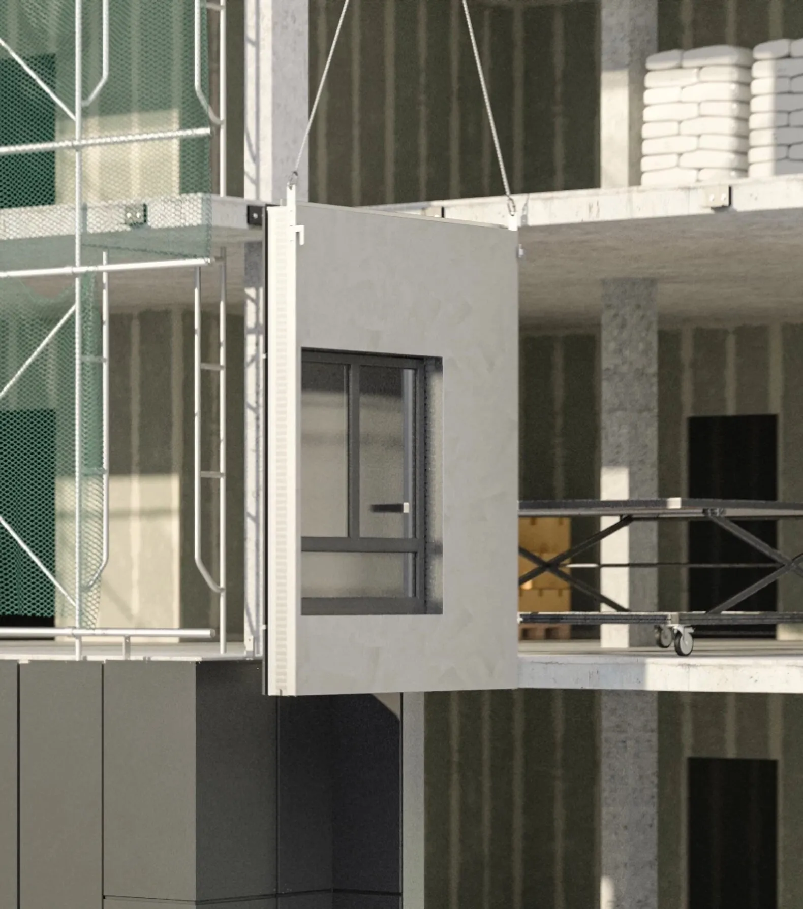 Render di installazione di un pannello prefabbricato di facciata in cantiere