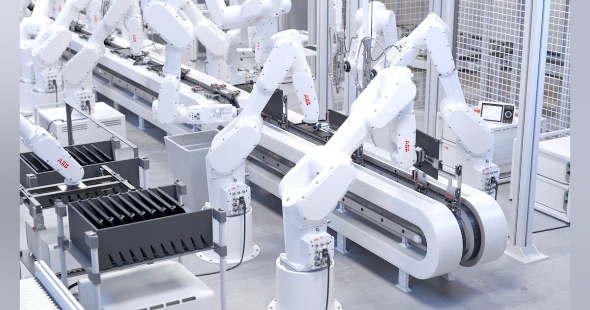 Cella ABB con più robot industriali coordinati in linea automatizzata