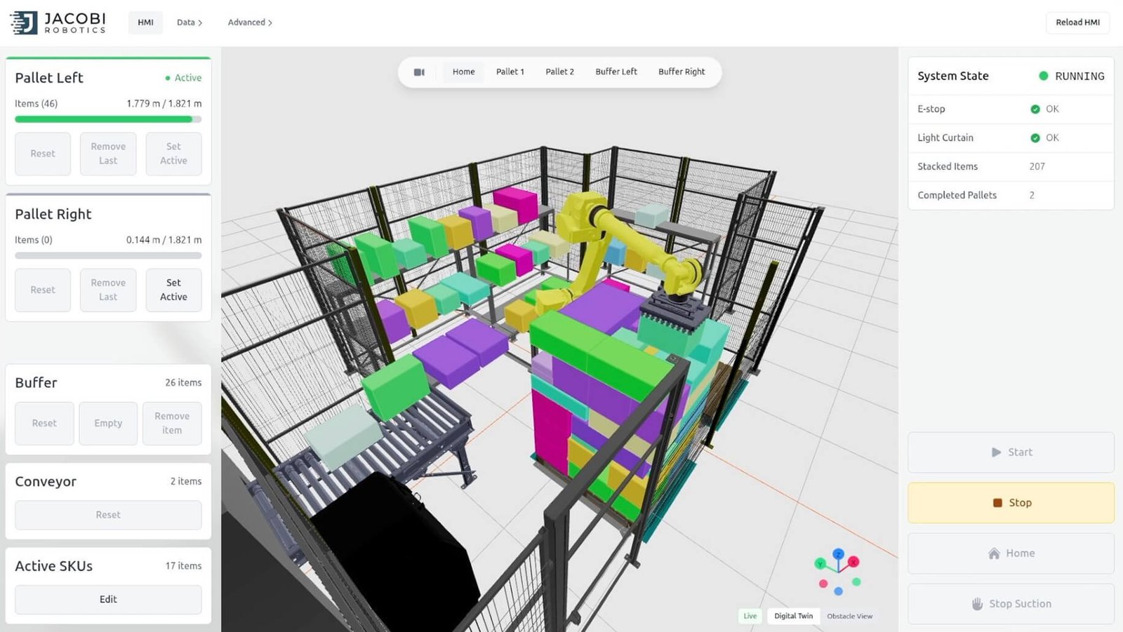 Interfaccia Jacobi OmniPalletizer con digital twin 3D della cella e pallet in costruzione