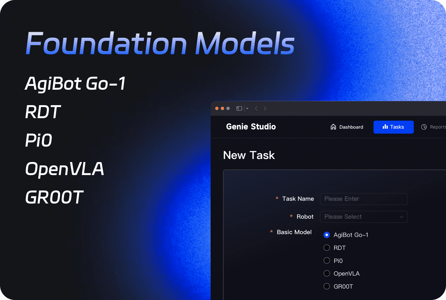 Interfaccia di selezione modelli per robotica no-code con supporto a OpenVLA e GR00T