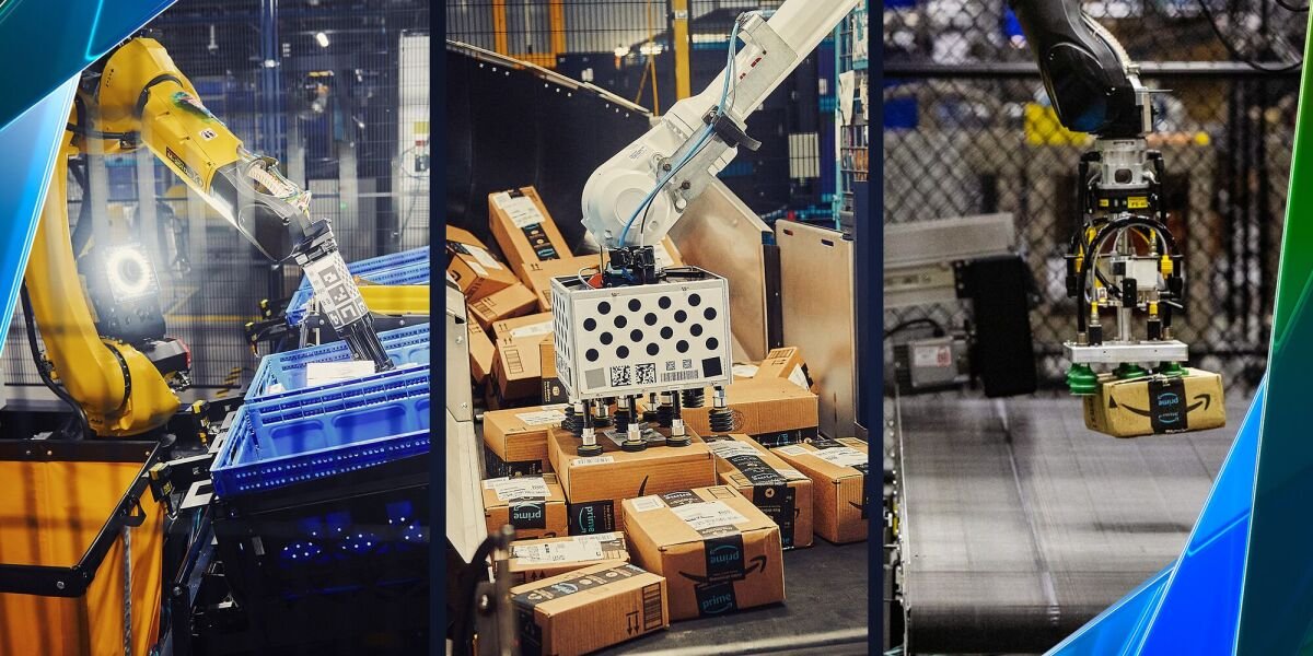 Collage di bracci robotici Amazon per presa e manipolazione in magazzino