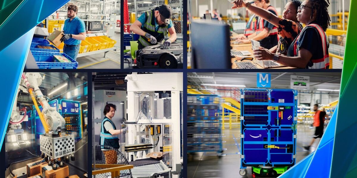 Operatori e robot collaborano in un fulfillment center Amazon ad alta automazione