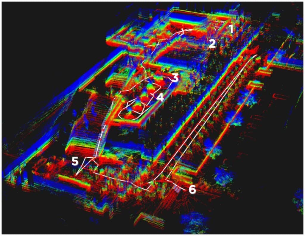 Mappa tridimensionale di un ambiente con waypoints e traiettorie di navigazione robotica