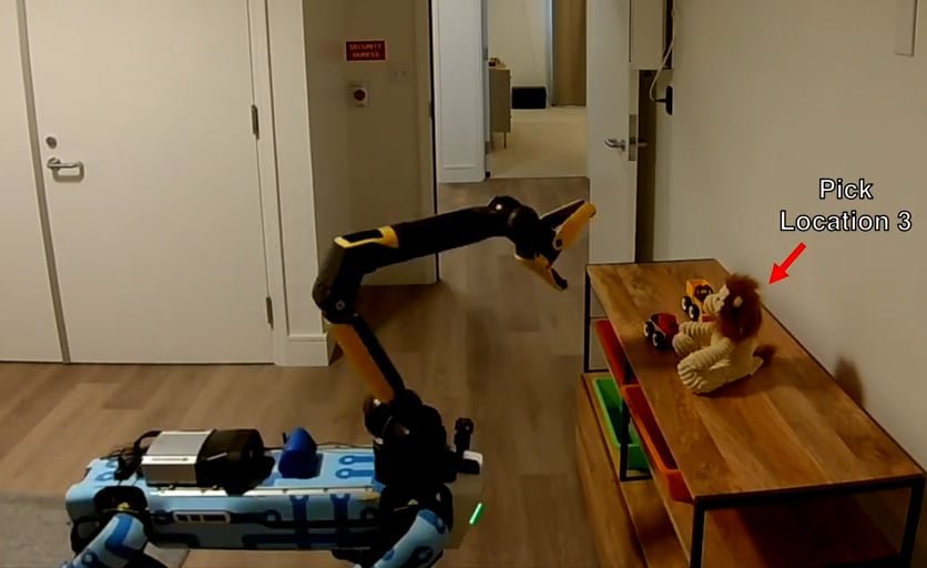 Robot quadrupede con braccio manipolatore durante una prova di presa assistita da comandi