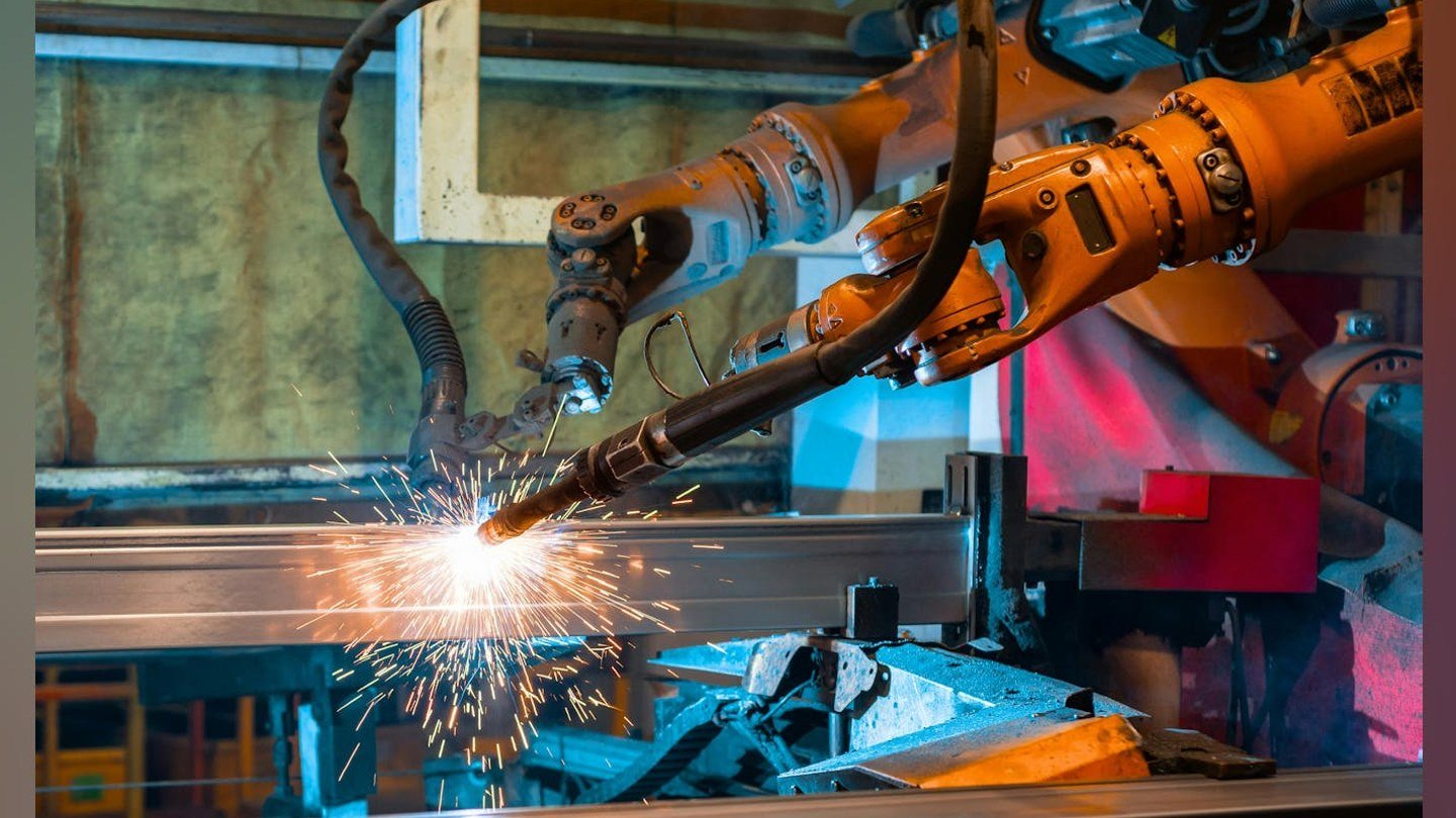 Braccio robotico industriale esegue una saldatura con arco e scintille in officina