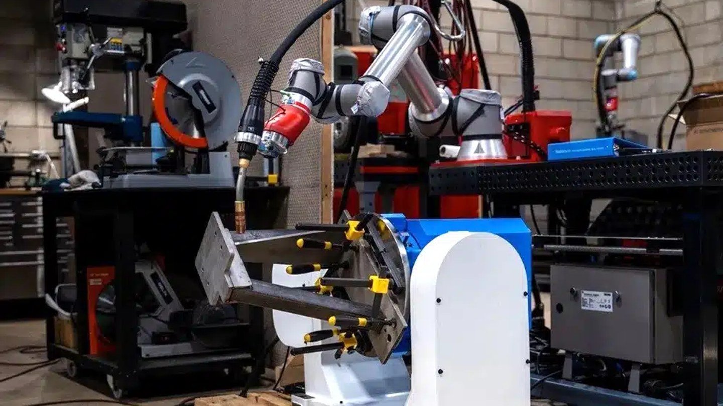 Cella di saldatura collaborativa con cobot, torcia e posizionatore rotante