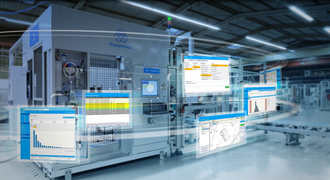 Visual digitale thyssenkrupp con macchina automatica e interfacce software sovrapposte