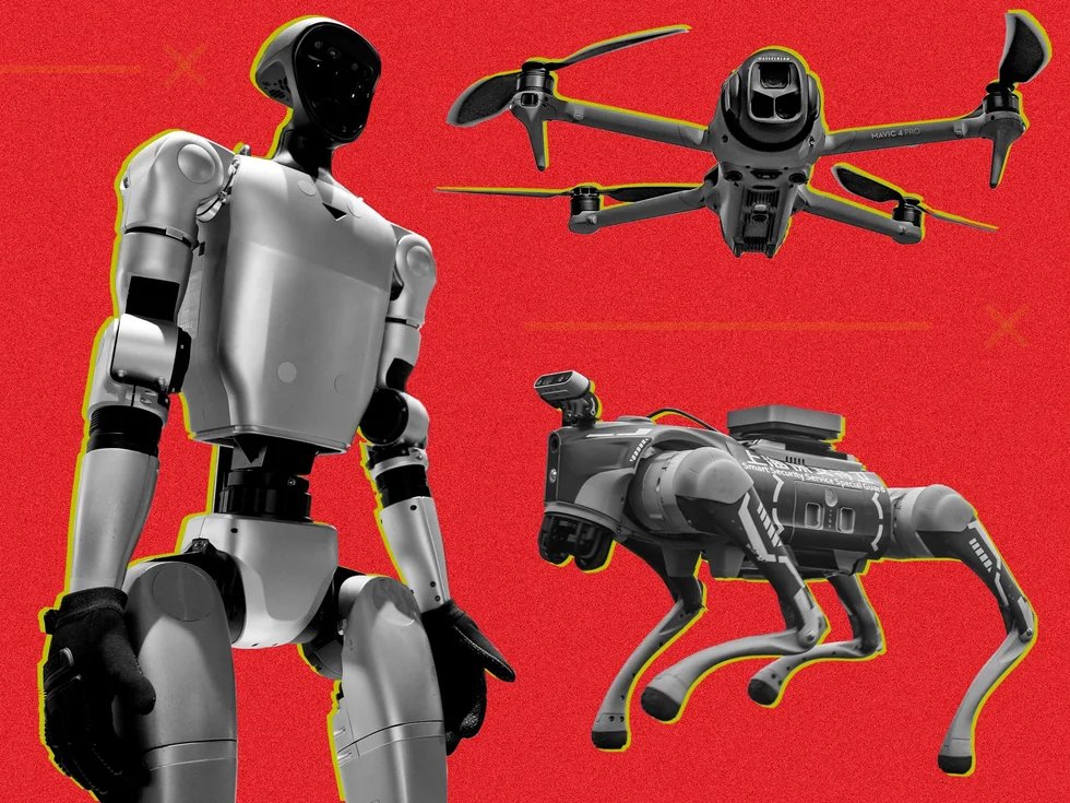 Illustrazione editoriale con robot umanoide, drone e quadrupede sul tema del ban USA sui robot cinesi