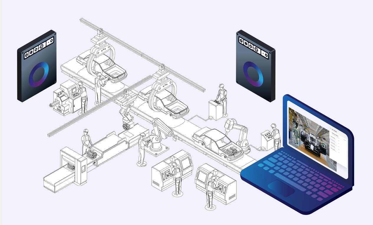 Grafica industriale con linea produttiva, sensori AI e interfaccia software per il monitoraggio dei cicli di fabbrica