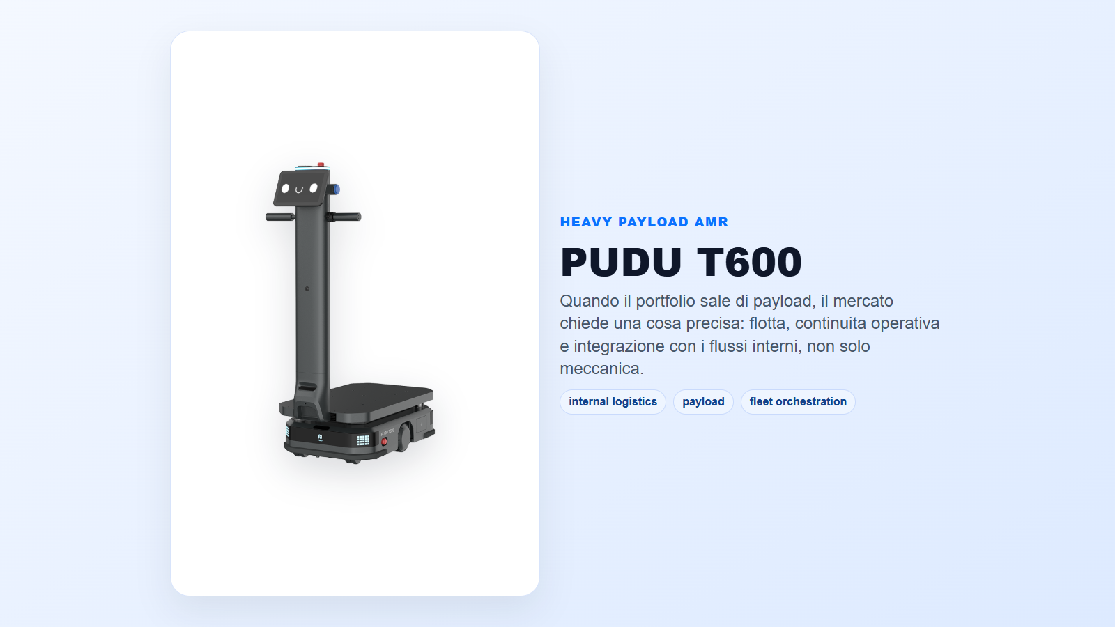 Visual editoriale del PUDU T600 come piattaforma per carichi più elevati nella logistica interna
