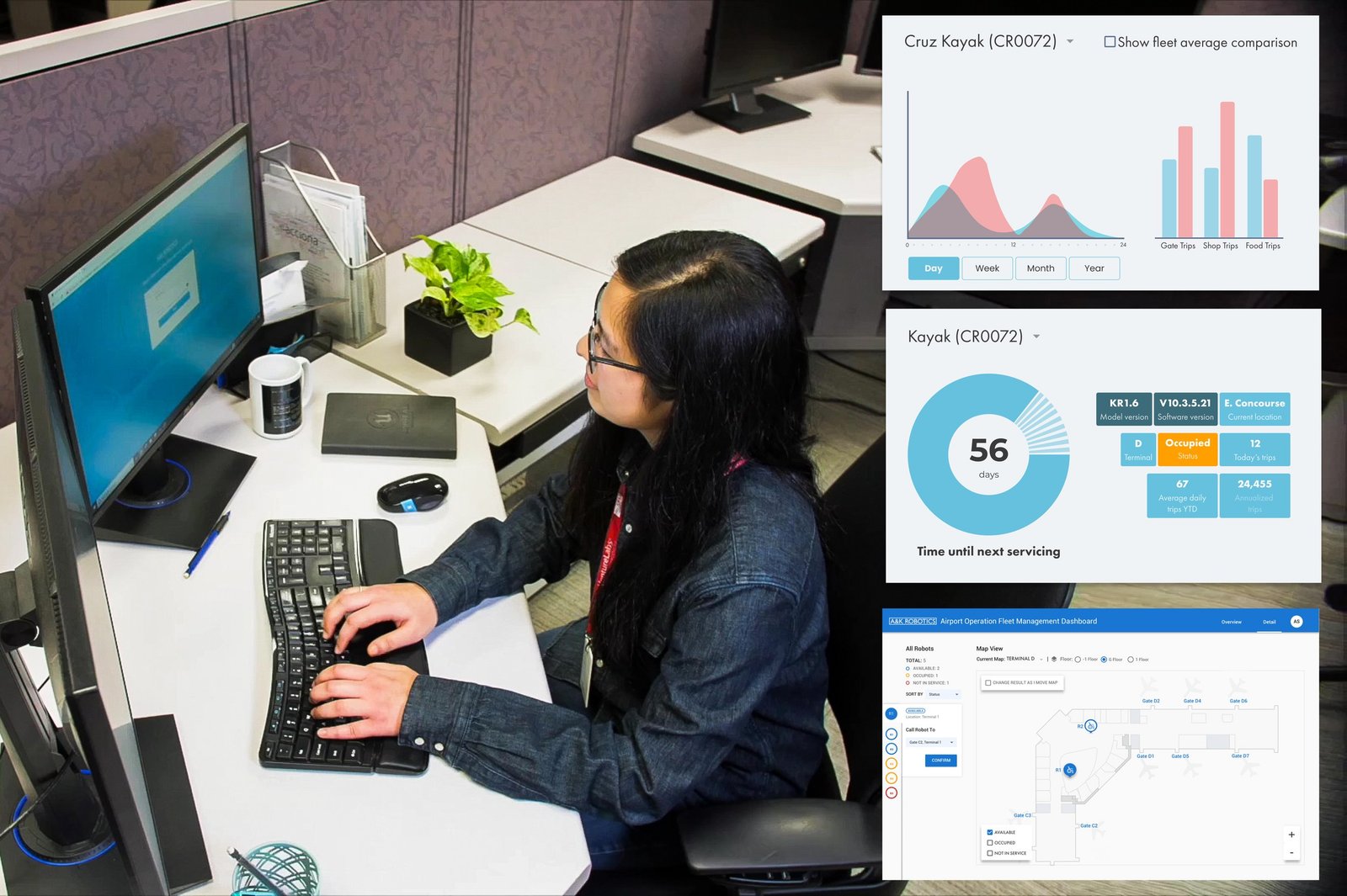 Schermata operativa di A&K Robotics con monitoraggio remoto e gestione dei pod Cruz in aeroporto