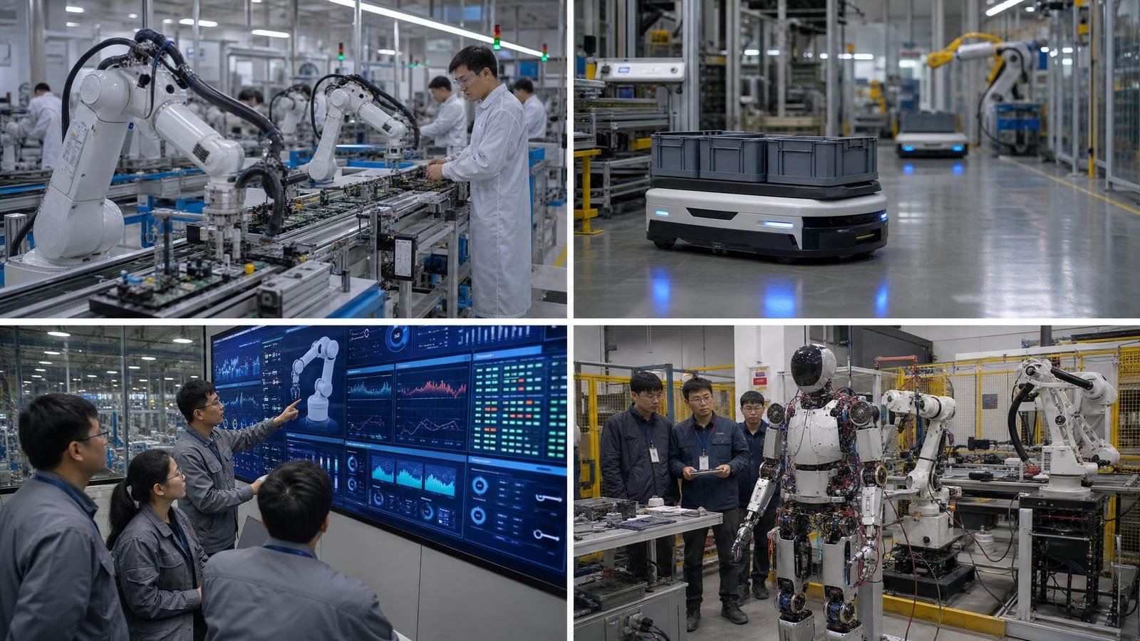 Team tecnico che analizza dati di flotta robotica industriale su dashboard di fabbrica