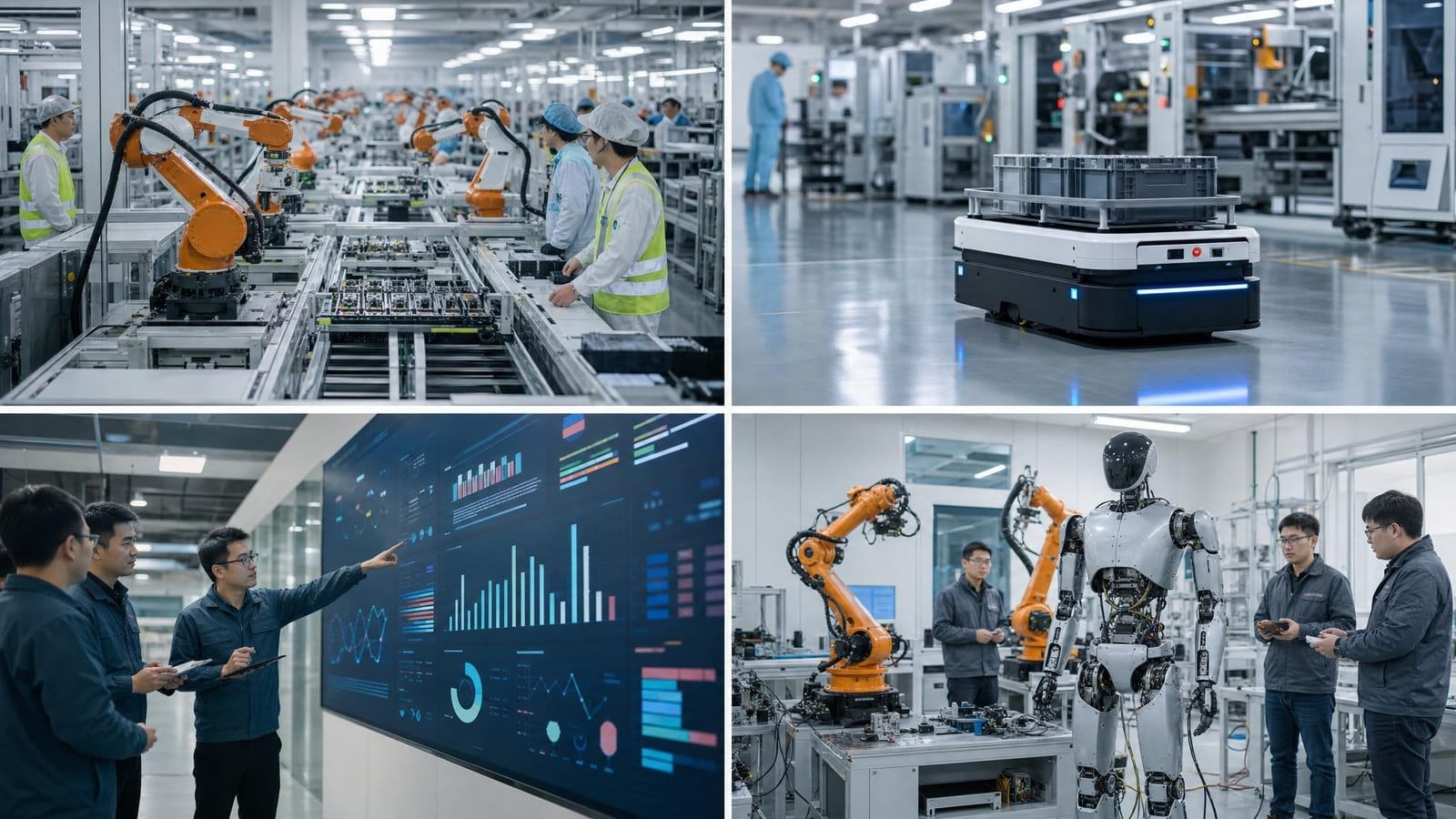 Umanoide prototipo in laboratorio accanto a bracci robotici industriali tradizionali