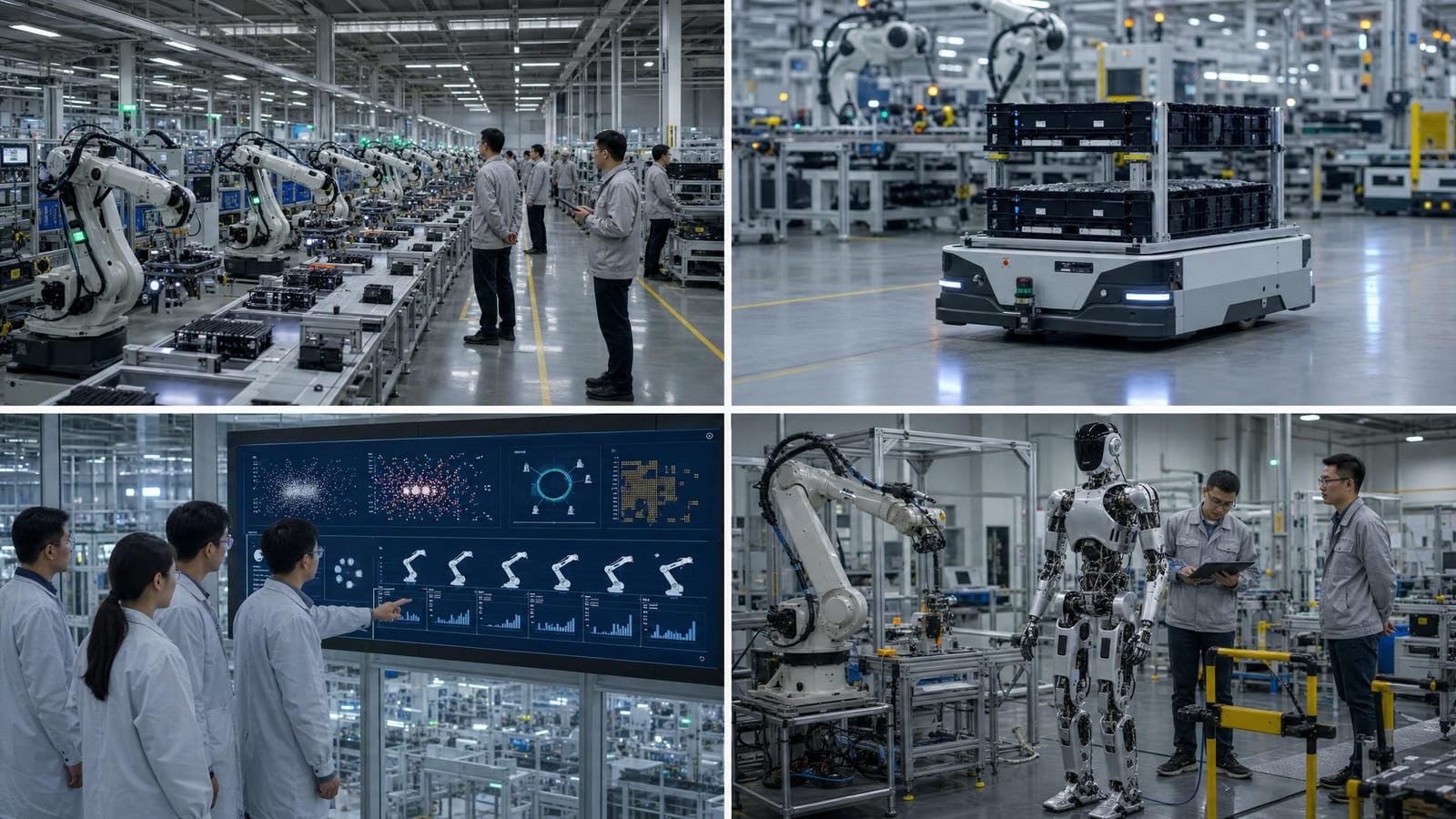 Fabbrica elettronica cinese con più bracci robotici industriali in produzione