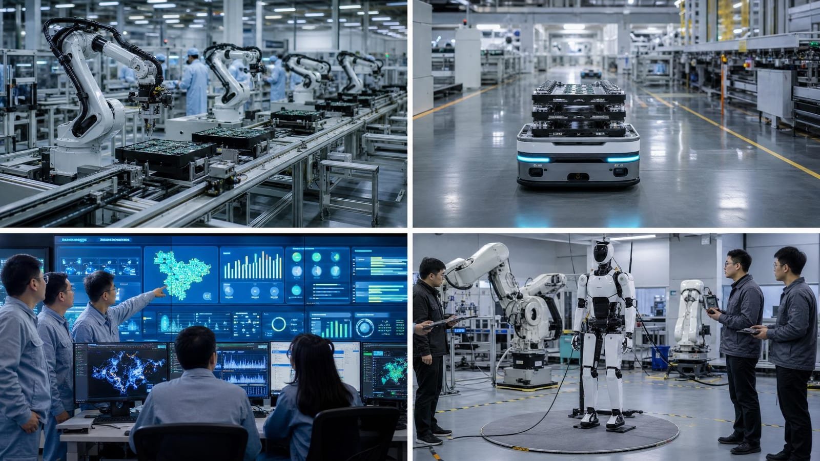 AGV industriale che trasporta componenti tra linee produttive in una fabbrica automatizzata