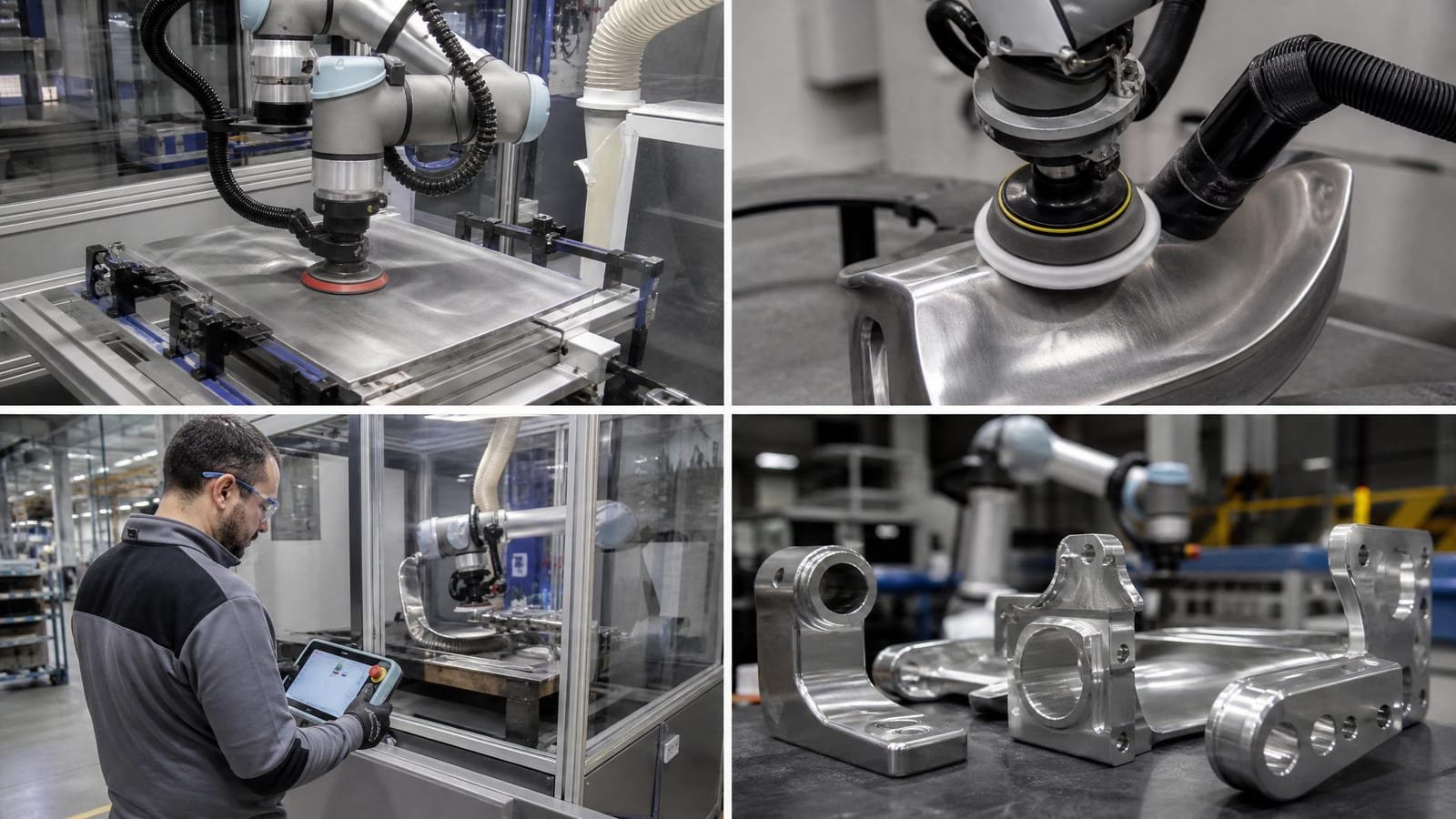 Operatore che supervisiona una cella cobot per finitura superfici tramite interfaccia industriale