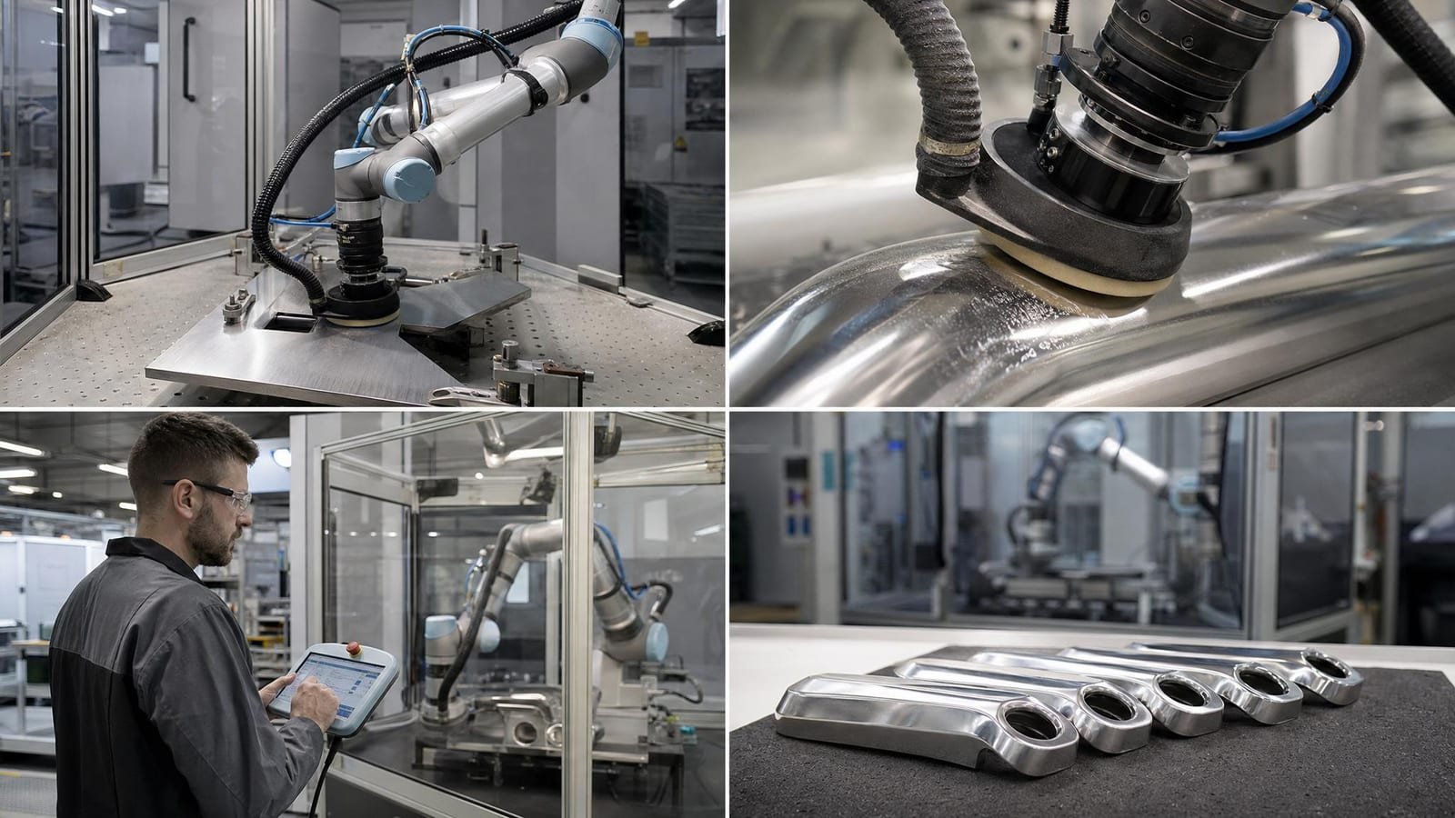 Componenti metallici finiti dopo levigatura e lucidatura robotizzata con cobot sullo sfondo
