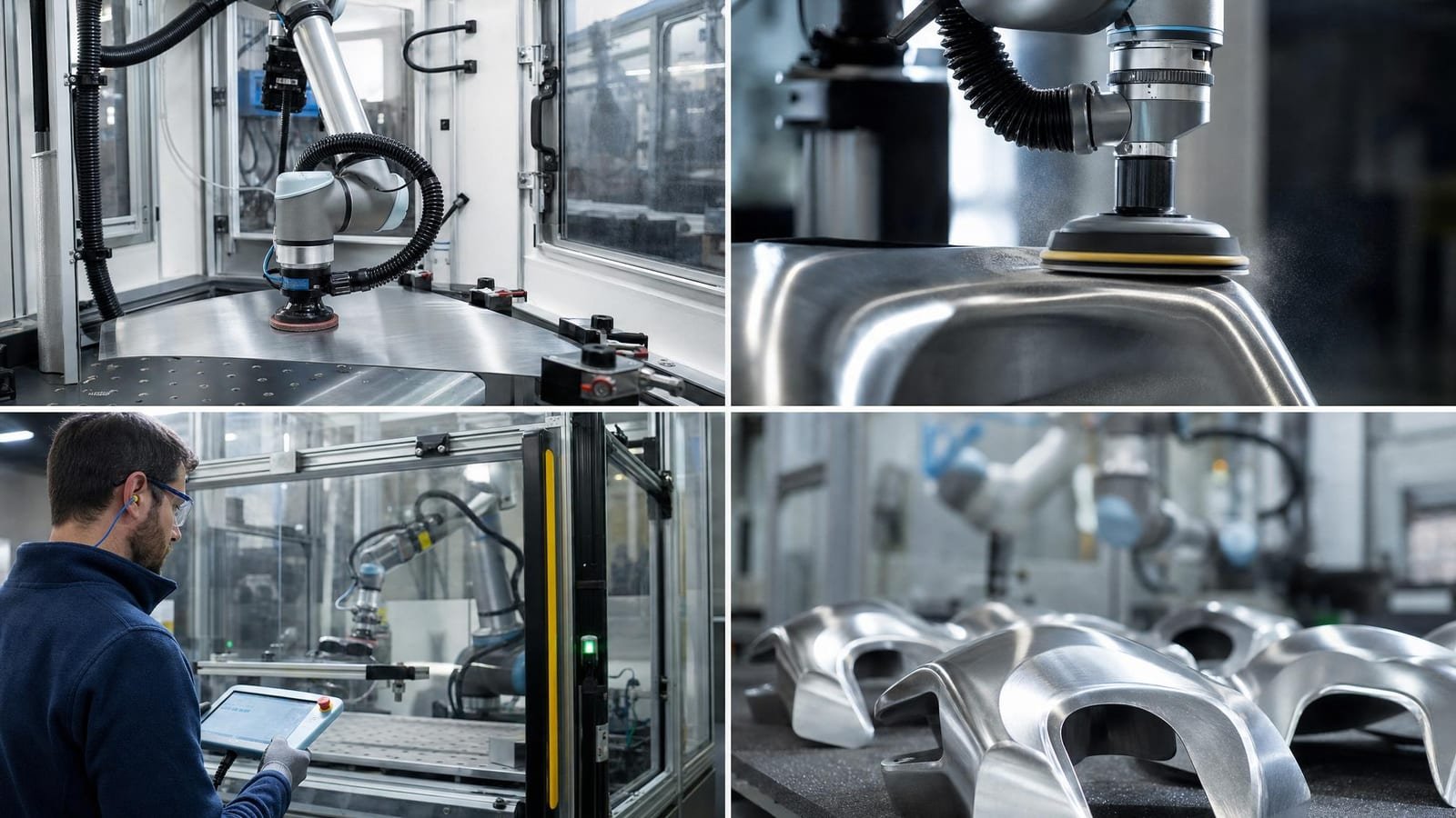 Cobot che lucida un componente metallico con aspirazione polveri e controllo forza