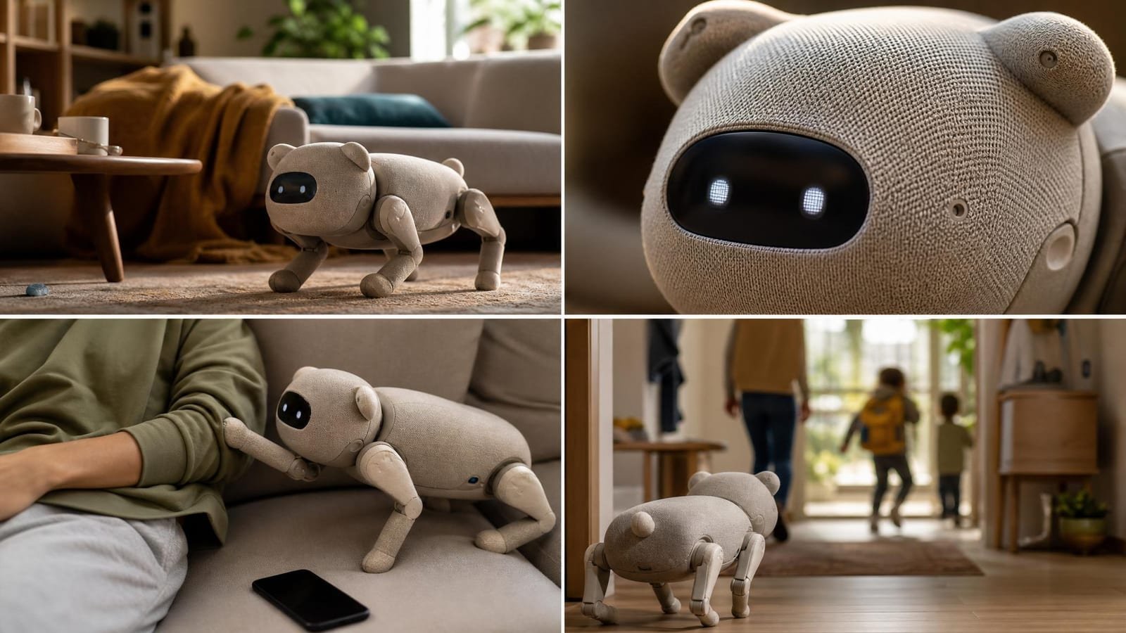 Robot familiare domestico vicino a una persona sul divano con smartphone
