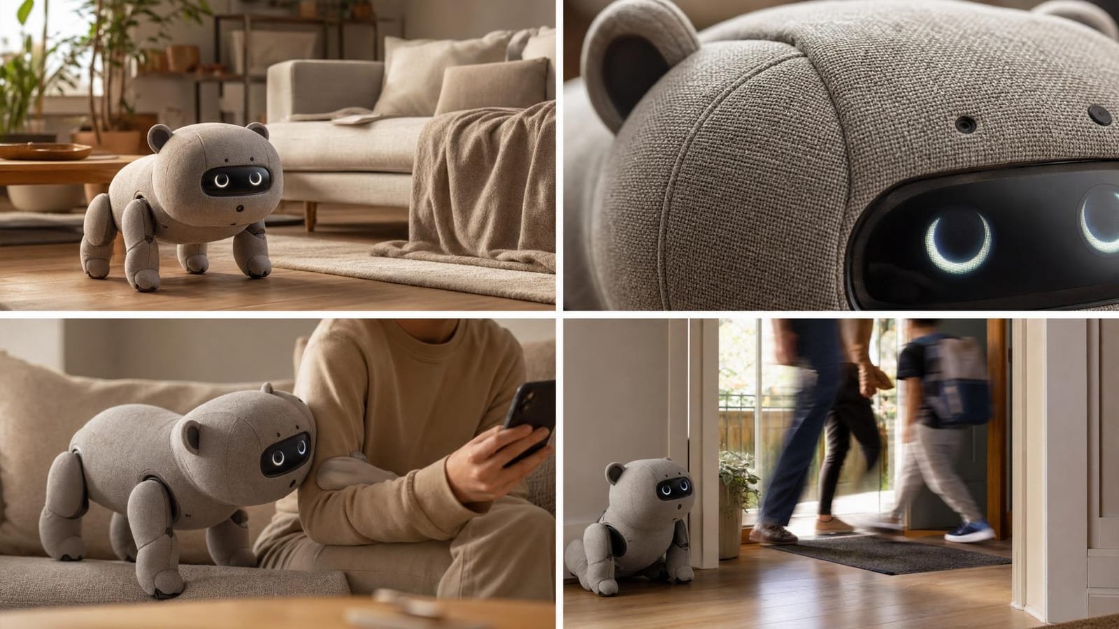 Robot quadrupede domestico vicino a una porta mentre persone passano sullo sfondo