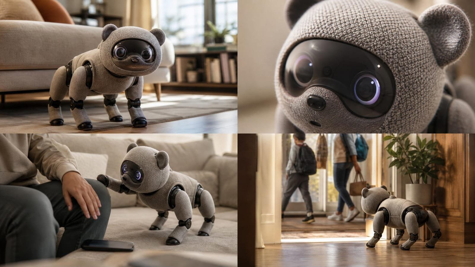 Dettaglio di robot familiare con rivestimento morbido e sensori espressivi