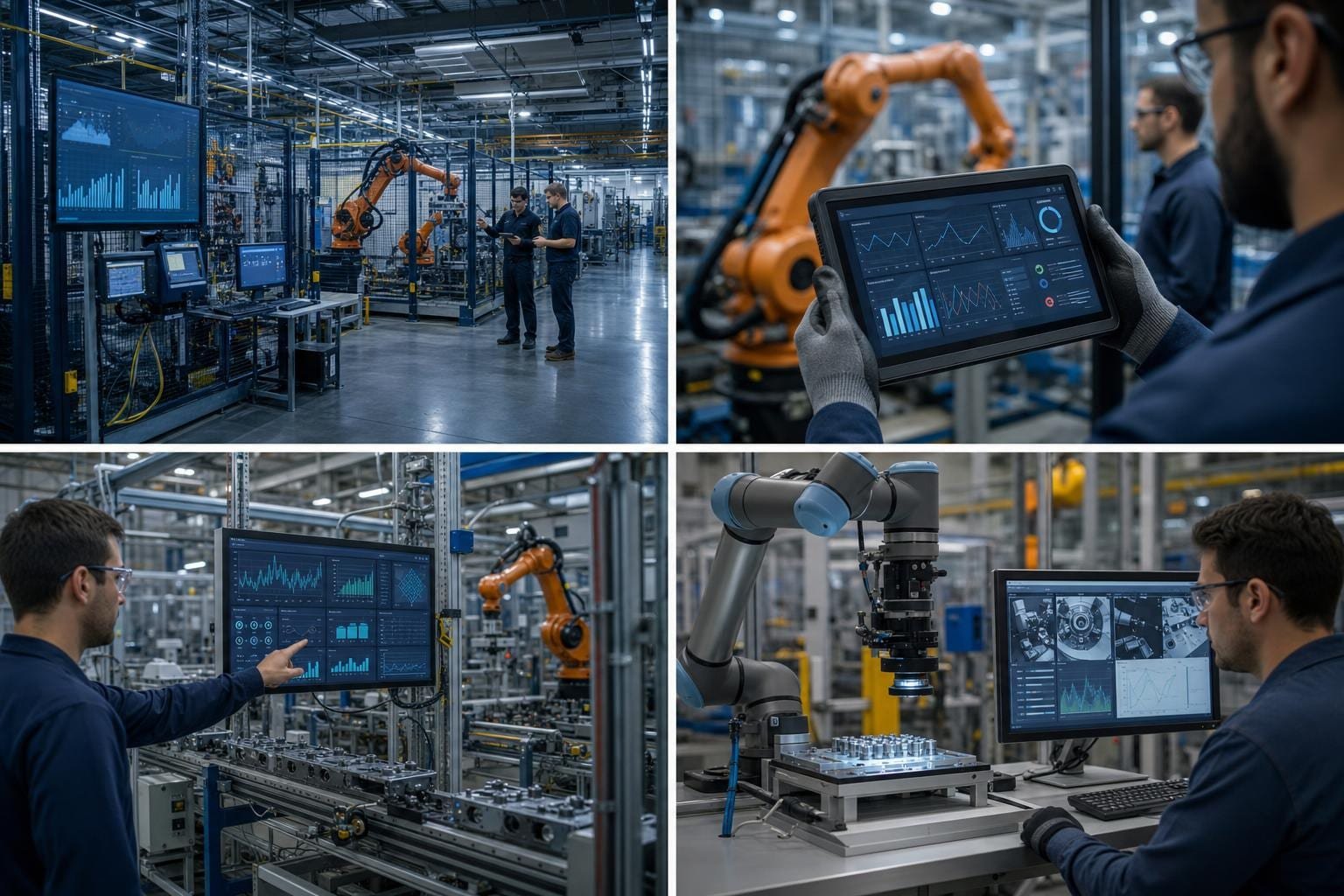 Dashboard industriale con dati macchina accanto a una linea robotica in produzione