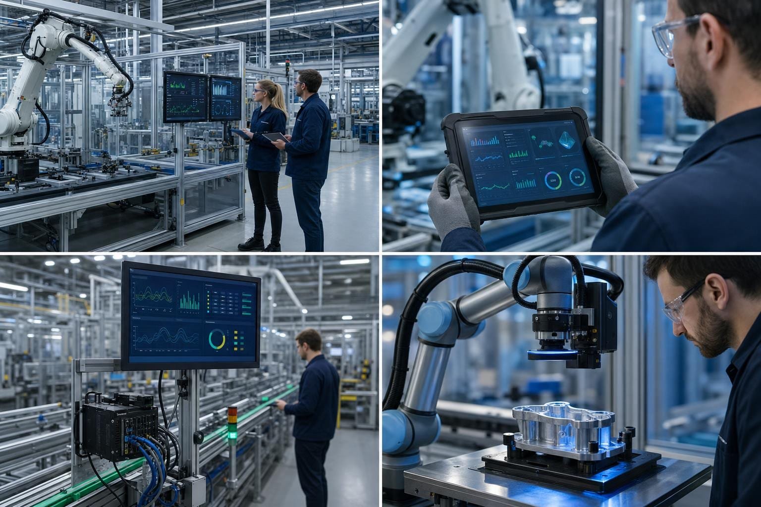 Cobot con camera di ispezione qualità e operatore che controlla il risultato su interfaccia industriale