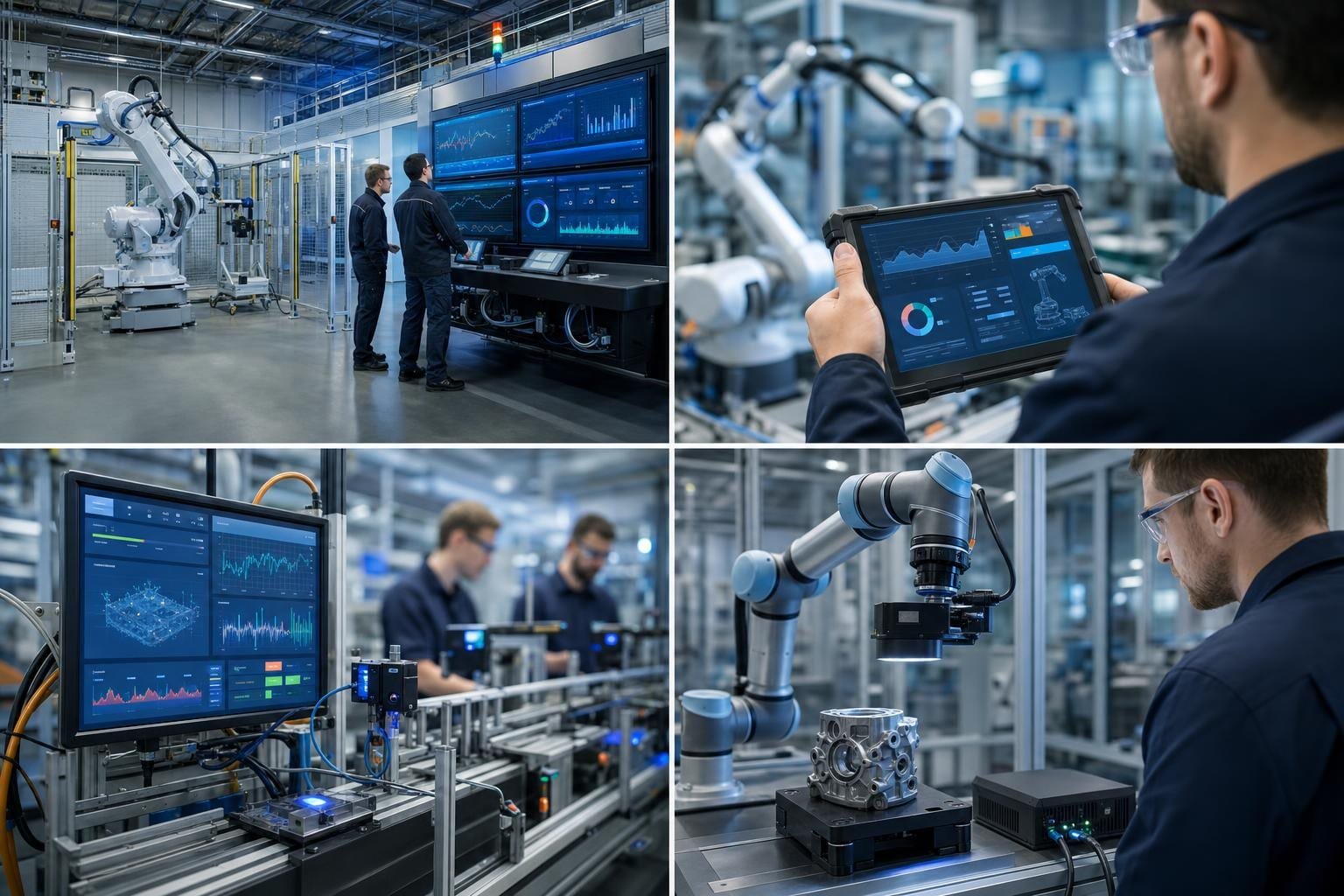 Cella robotica industriale collegata a dashboard dati per agenti AI in fabbrica