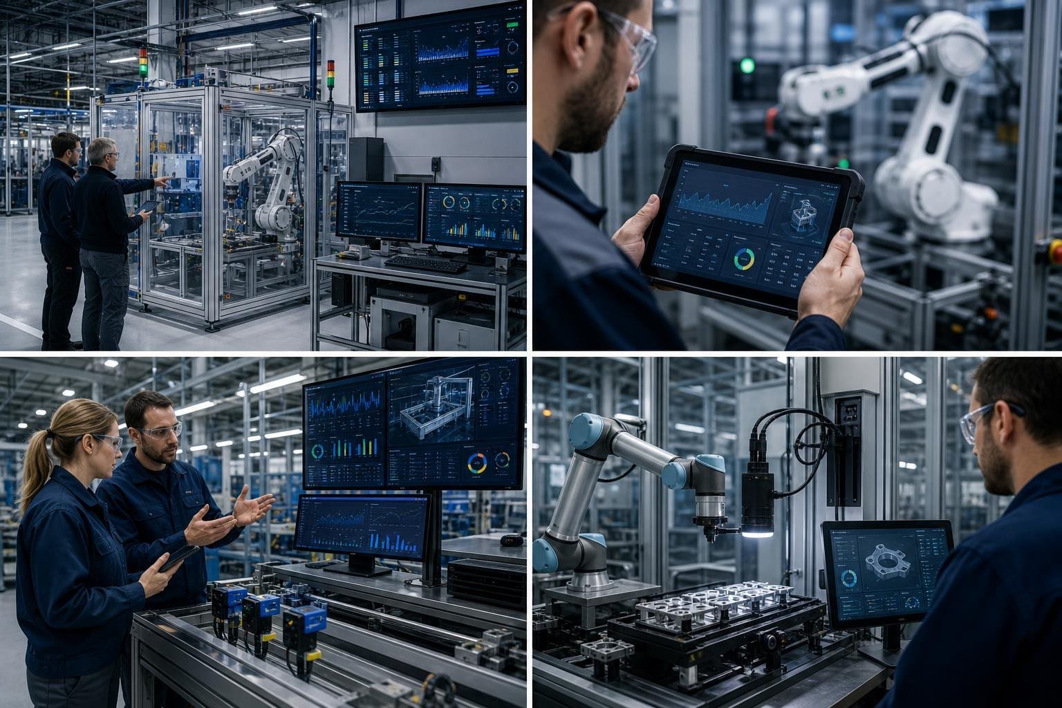 Operatore che consulta dati di produzione davanti a una cella robotica con sensori