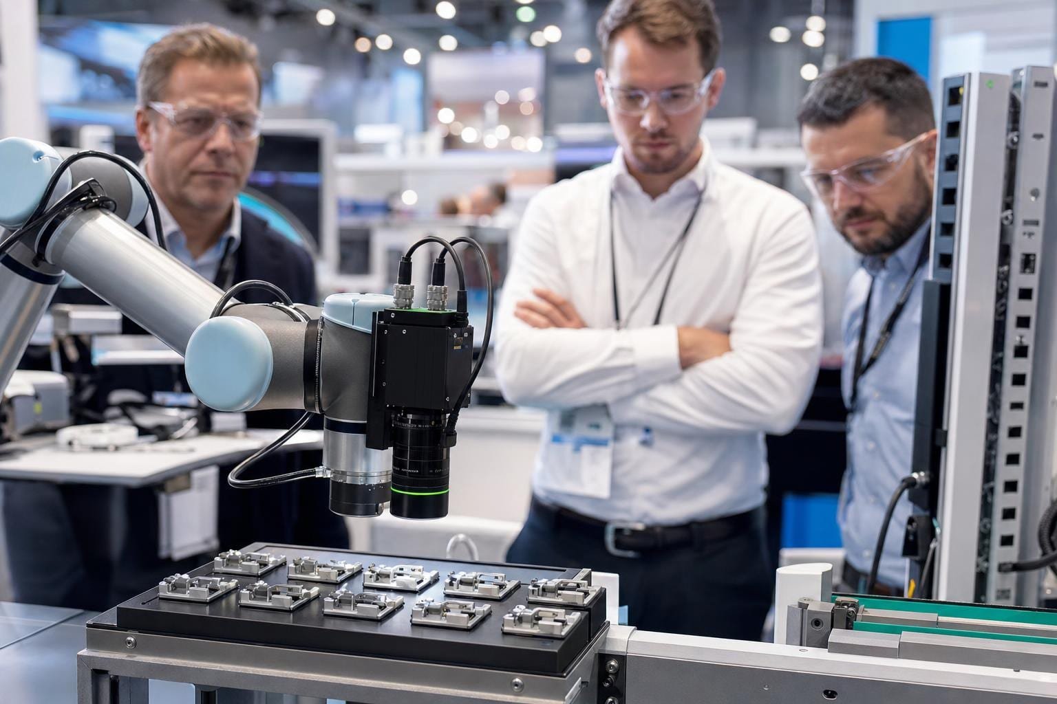 Demo di visione AI con cobot in una fiera di automazione industriale osservata da tecnici