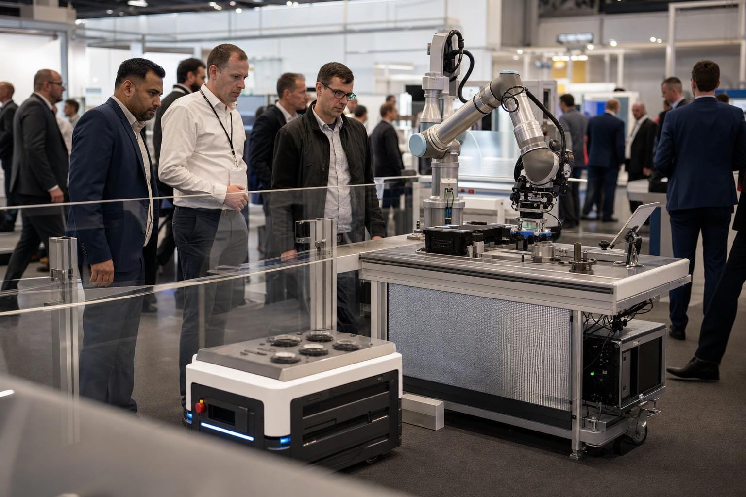 Booth di automazione con AMR e cobot in dimostrazione davanti a visitatori tecnici