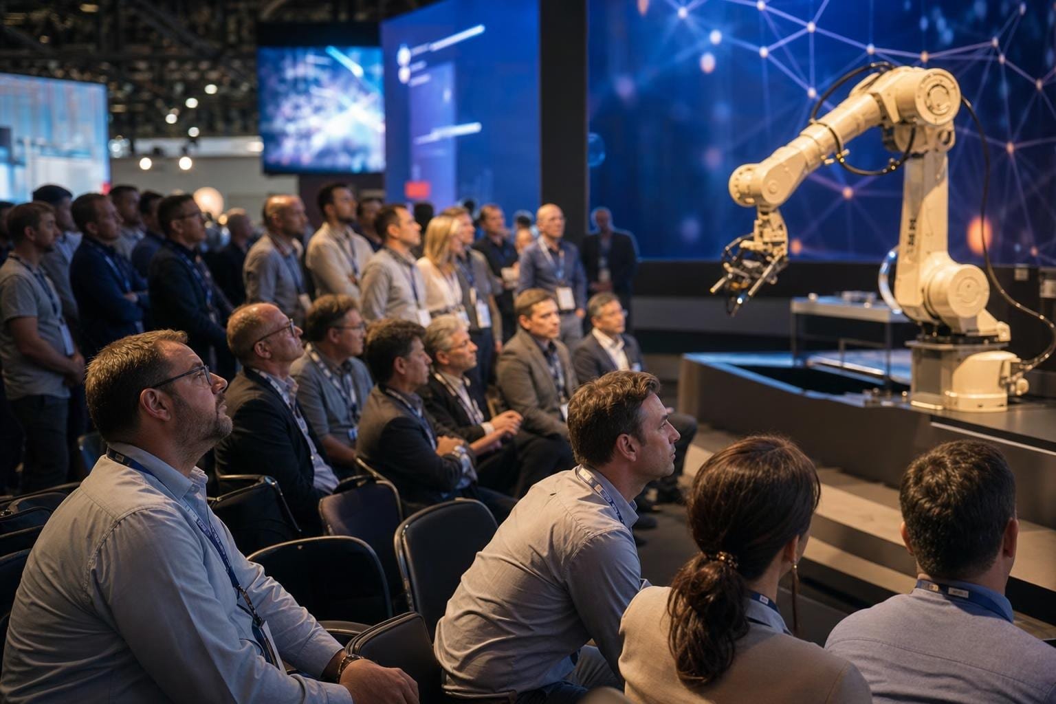 Pubblico tecnico che segue una keynote su robotica e AI industriale con demo robotica