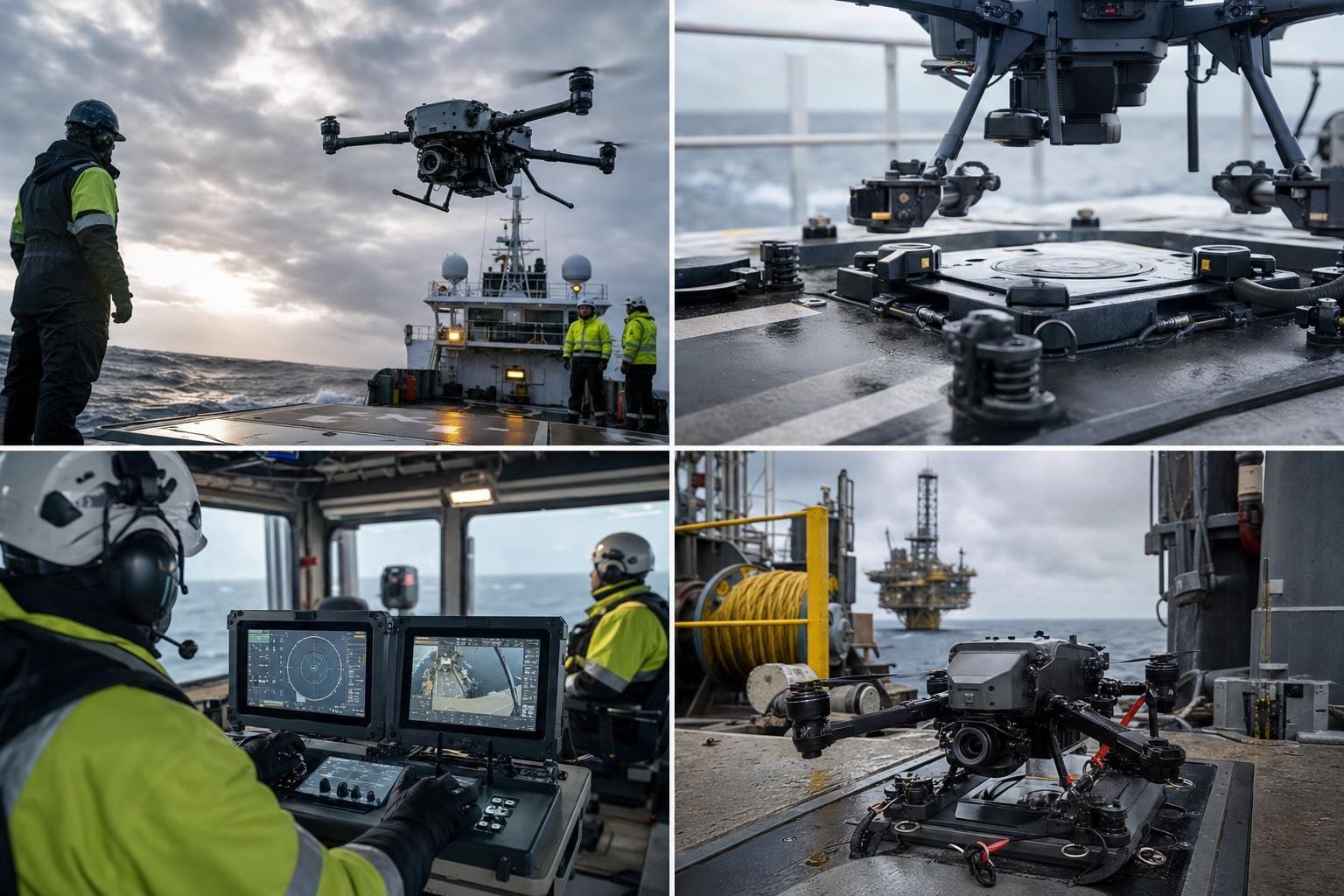 Tecnico che monitora da console rugged l'atterraggio remoto di un drone industriale in mare