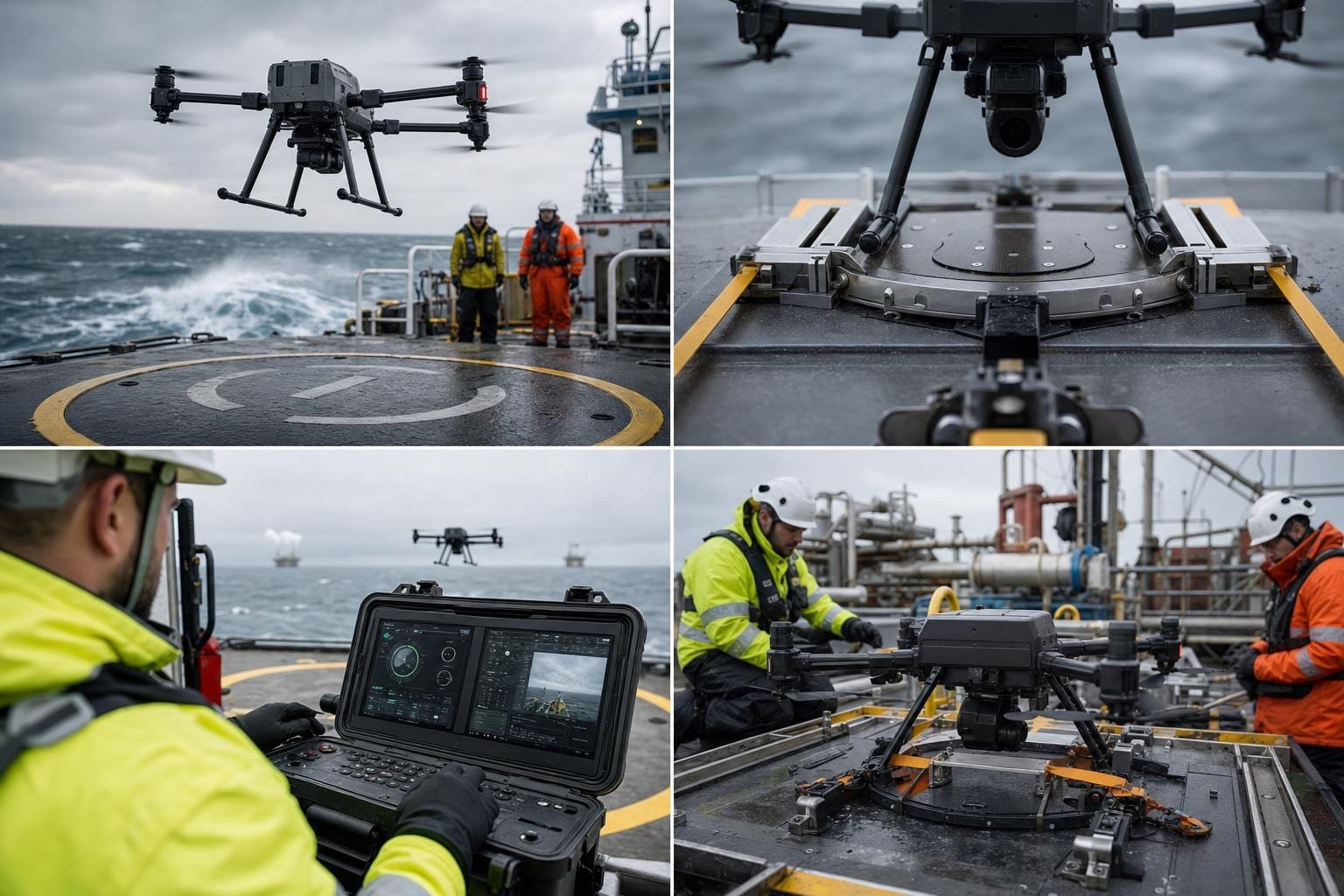 Drone industriale bloccato su ponte nave vicino ad attrezzature offshore dopo una missione di ispezione