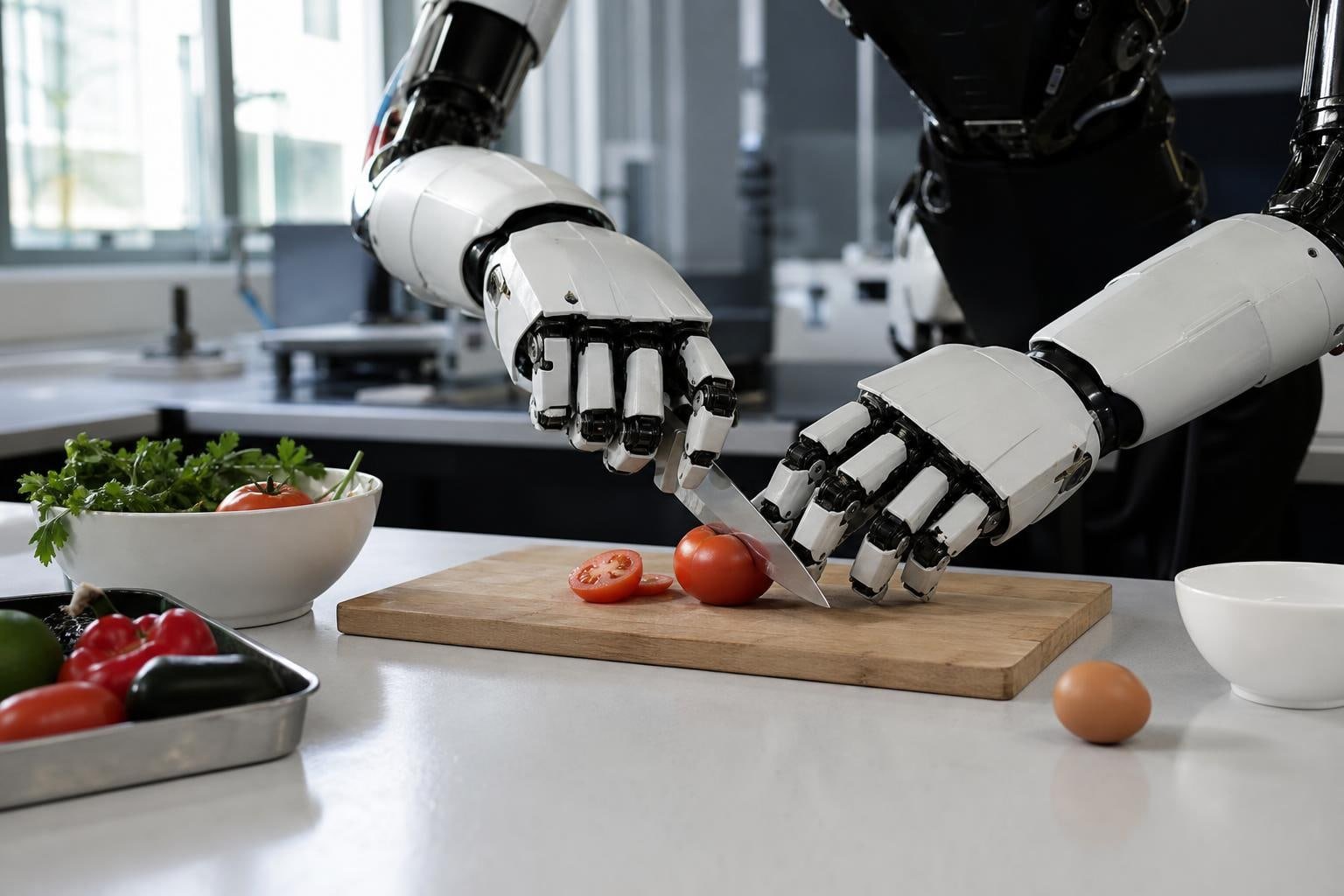 Mani robotiche destrorse che preparano ingredienti su un banco cucina
