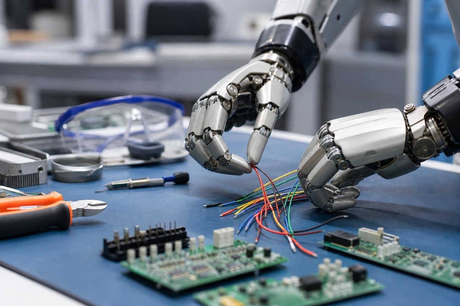 Mani robotiche destrorse che ordinano un piccolo cablaggio elettronico