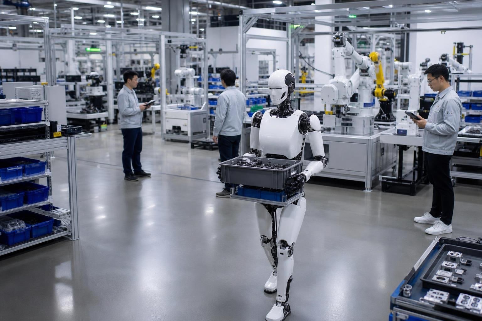 Robot umanoide che sposta contenitori di componenti fra workstation in fabbrica
