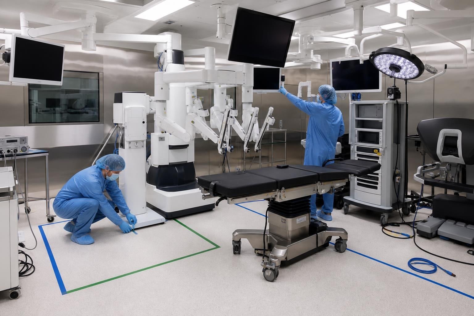 Layout compatto di sala operatoria con robot chirurgico e controllo degli ingombri