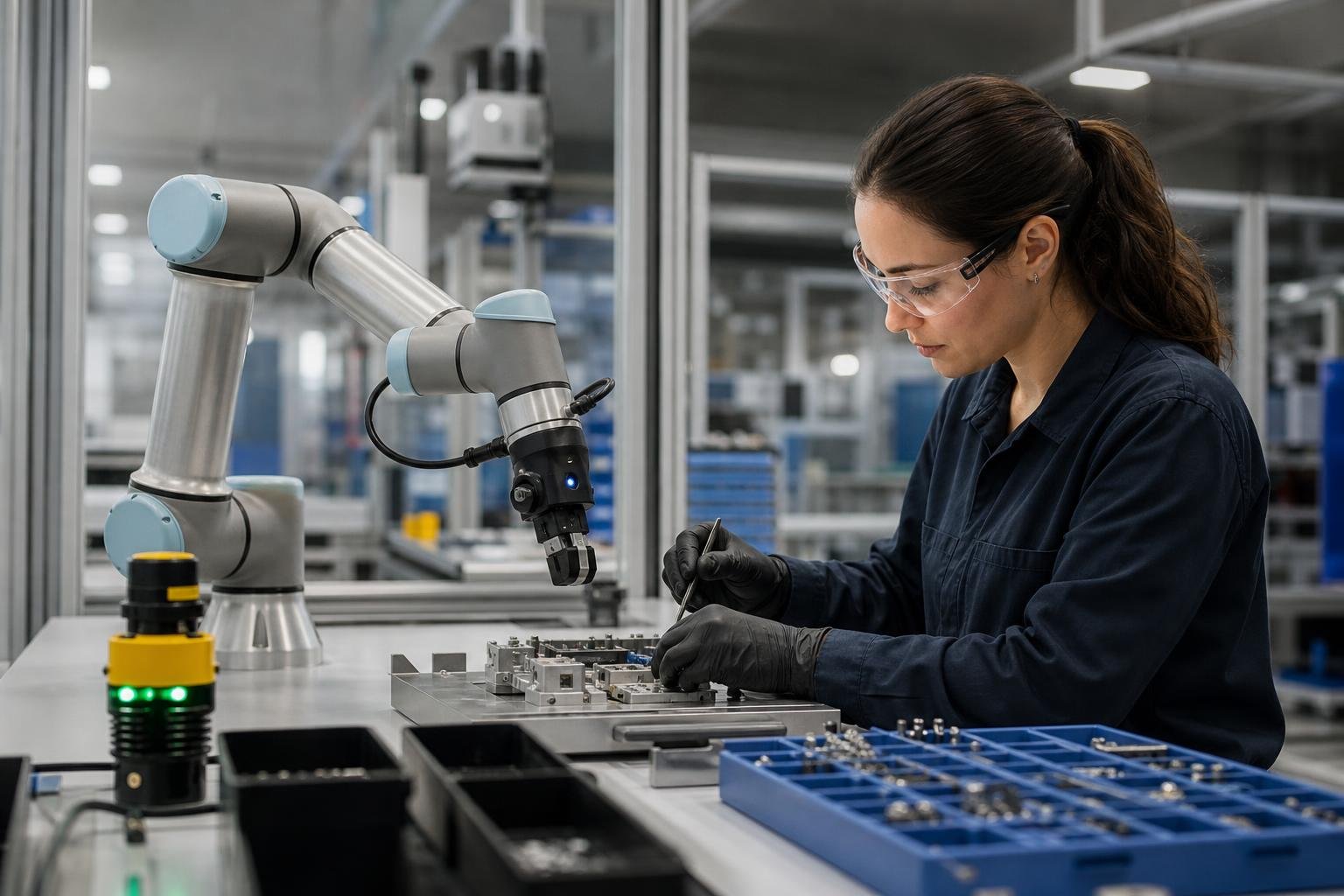 Cobot industriale lavora accanto a un operatore in banco di assemblaggio con safety scanner