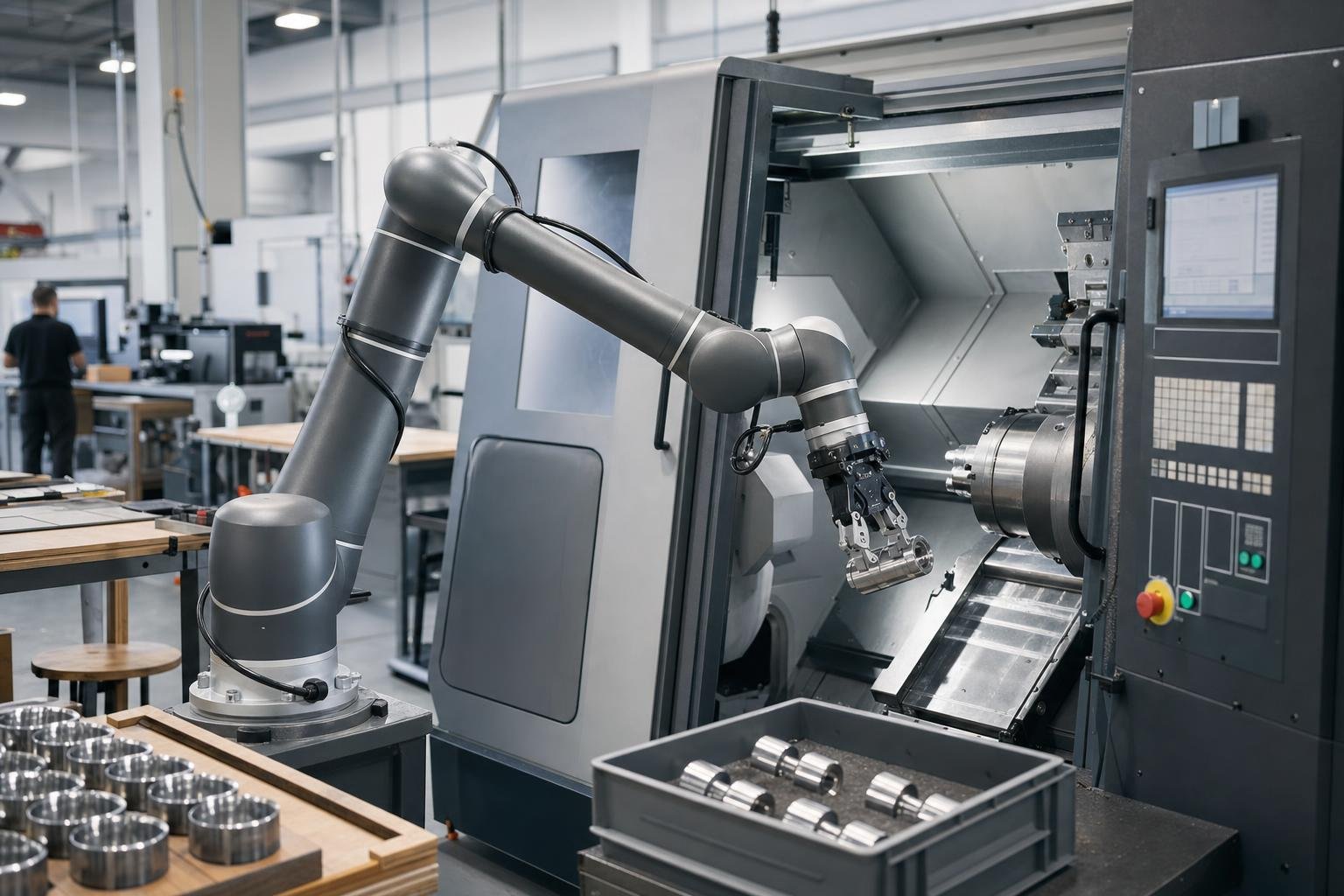 Cobot ad alto payload carica componenti metallici in macchina CNC