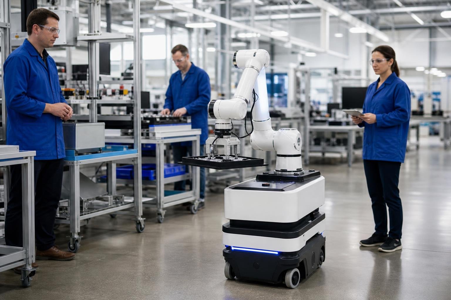 Robot mobile manipulator trasporta vassoi di componenti tra workstation in fabbrica