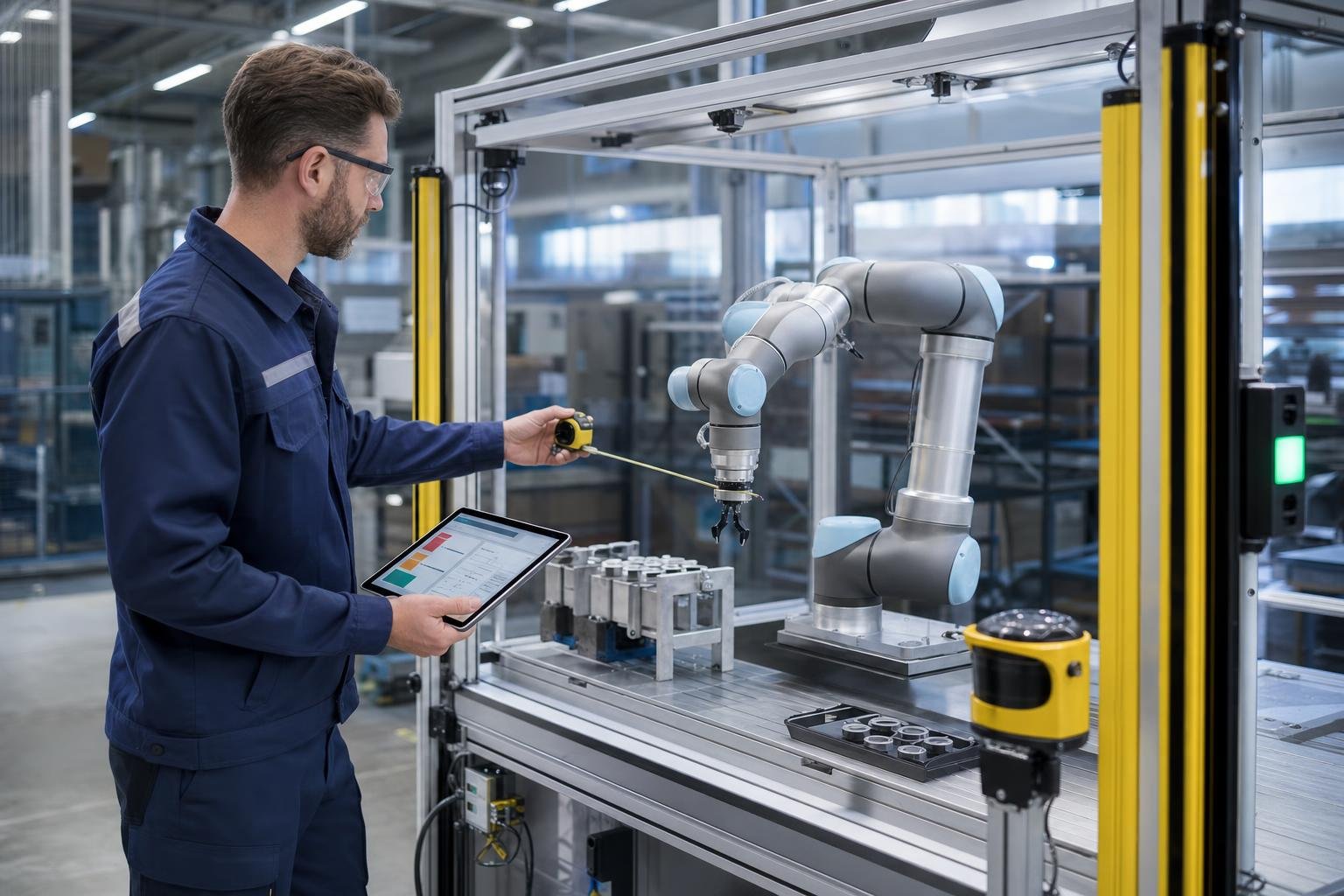 Ingegnere misura lo spazio di lavoro di un cobot con sensori e barriera di sicurezza