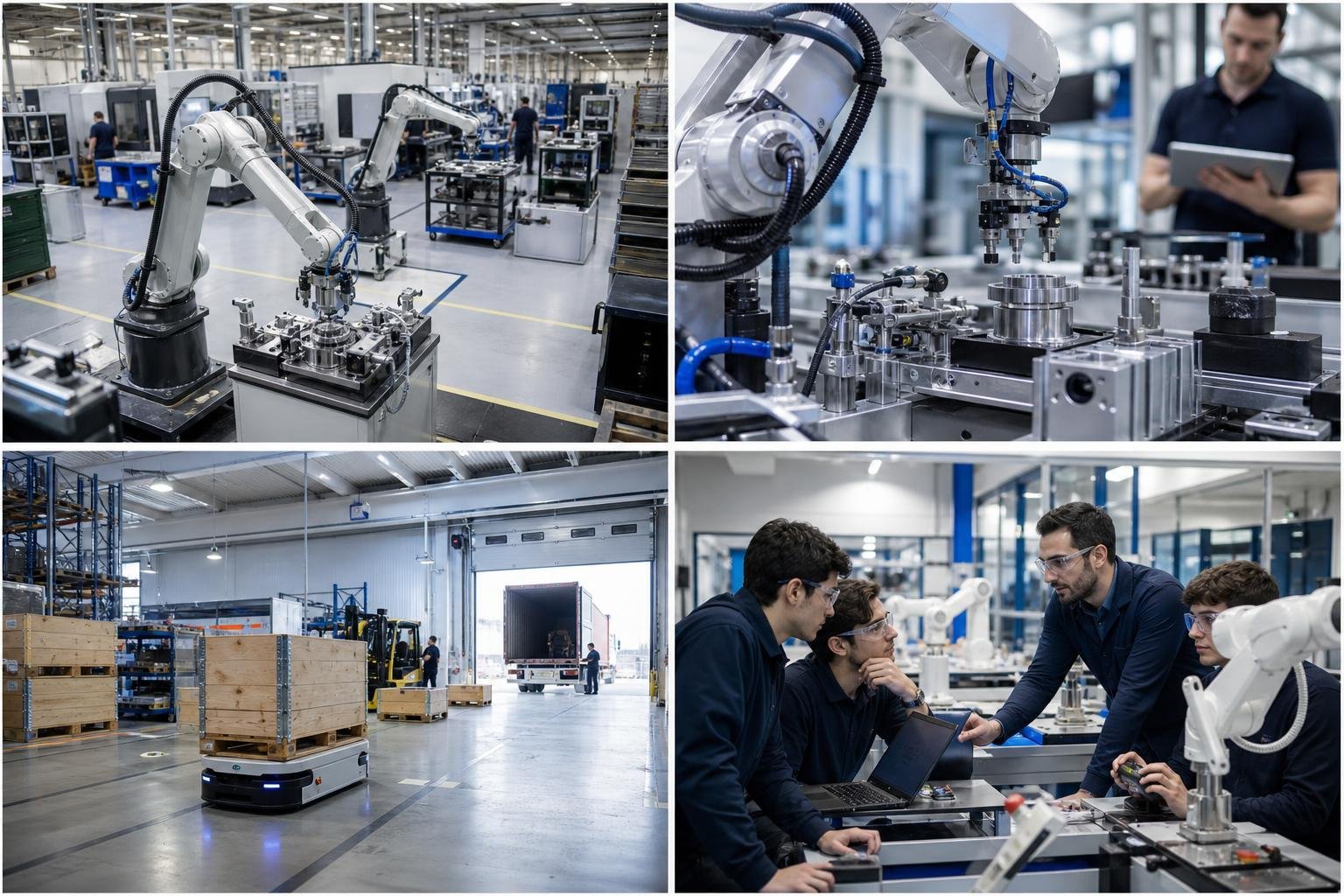 Componenti robotici e casse di spedizione in una fabbrica italiana orientata all export
