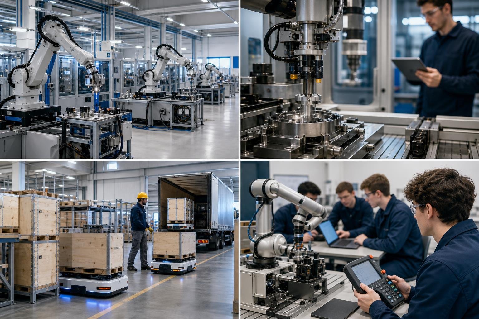 Robot industriale lavora componenti metallici con sensori e controllo operatore