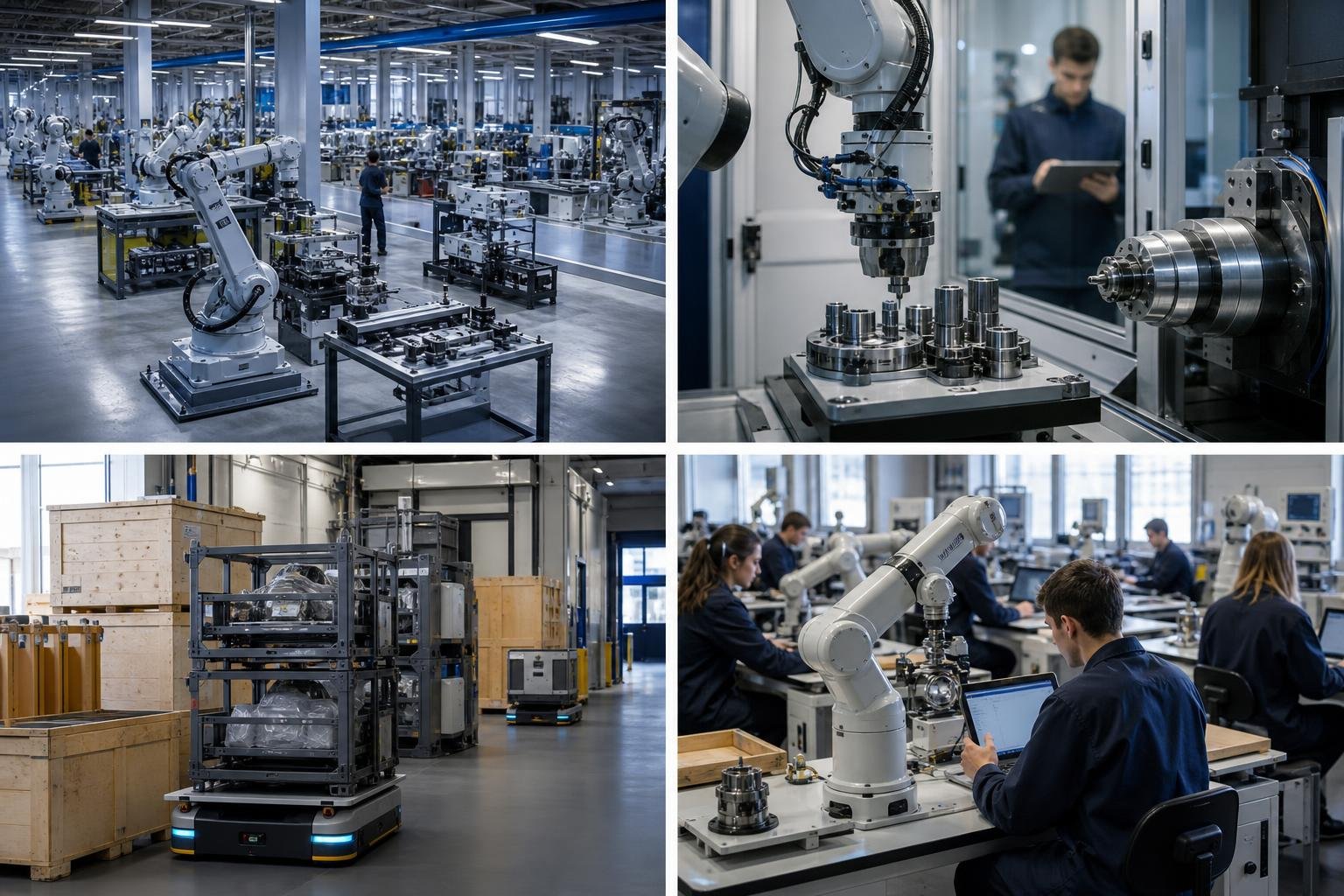 Tecnici in laboratorio programmano bracci robotici industriali per formazione e collaudo